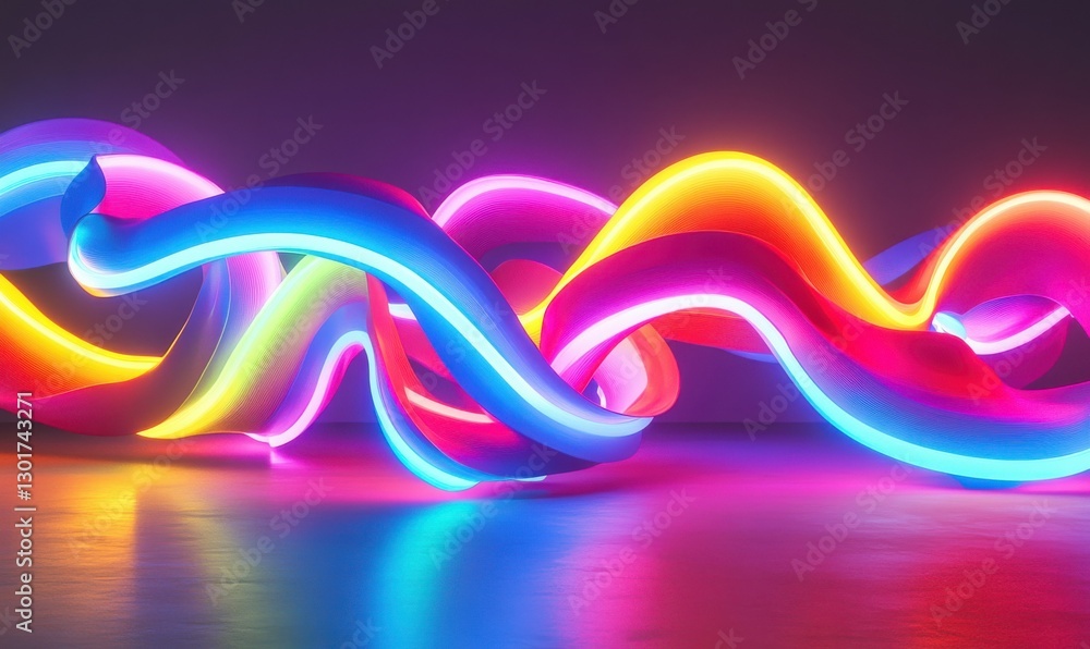 Poster abstract flowing ribbons of vibrant neon colors illuminated by gradient light creating a bold and en