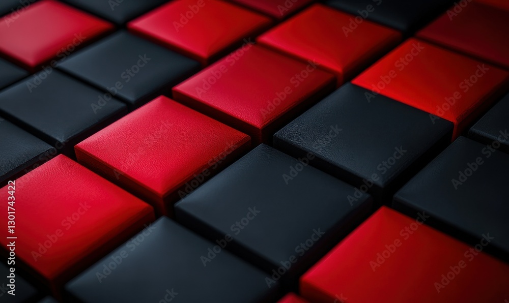 Poster abstract geometric patterns in black and red with glowing accents, illuminated by bold dramatic ligh