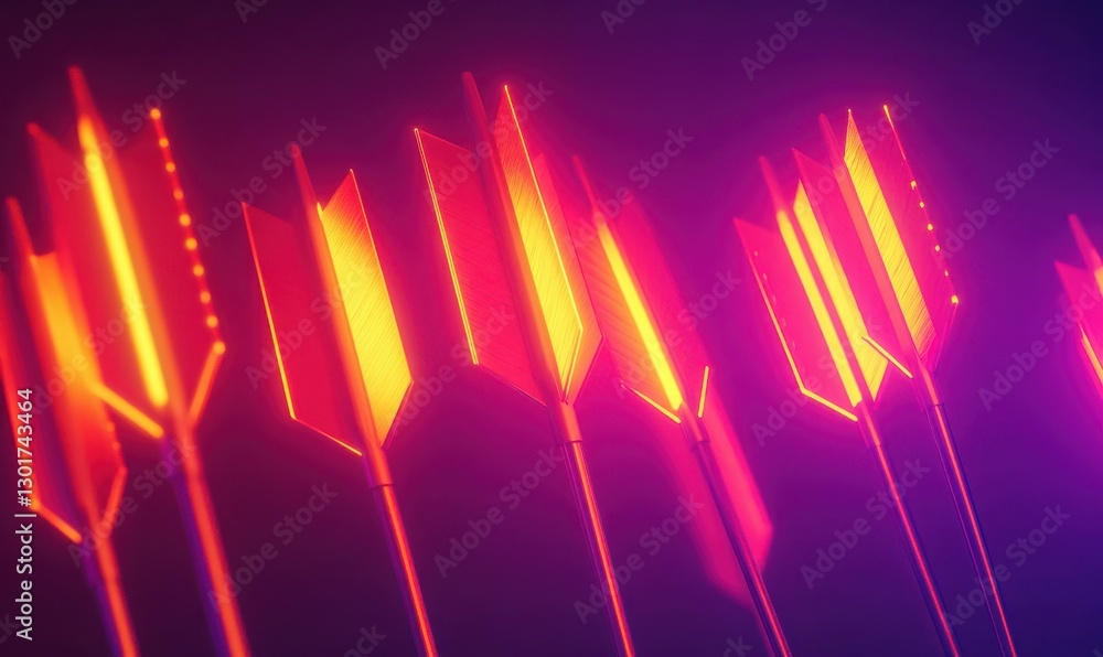 Poster abstract glowing arrows in neon pink and orange tones, shooting dynamically across a gradient dark b