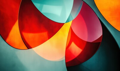 Abstract geometric composition with overlapping orange, red, and teal shapes illuminated by soft glowing light for a bold and contemporary look