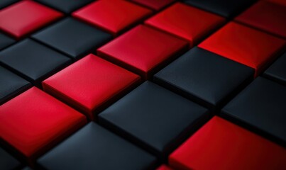 Abstract geometric patterns in black and red with glowing accents, illuminated by bold dramatic lighting creating depth and contrast