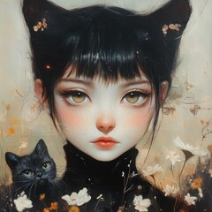 Girl, cat ears, floral background, portrait, digital art, book cover