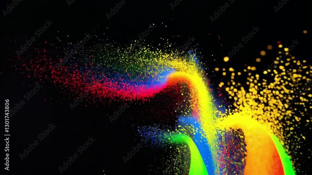 Poster a dynamic burst of multicolored paint splashes in slow motion, forming fluid, artistic patterns agai