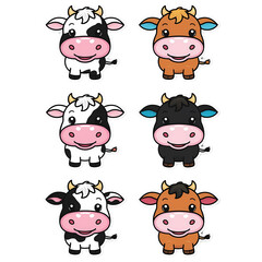 Set 6 stickers Colorful cartoon cows presented in a playful arrangement showcasing their unique features and expressions