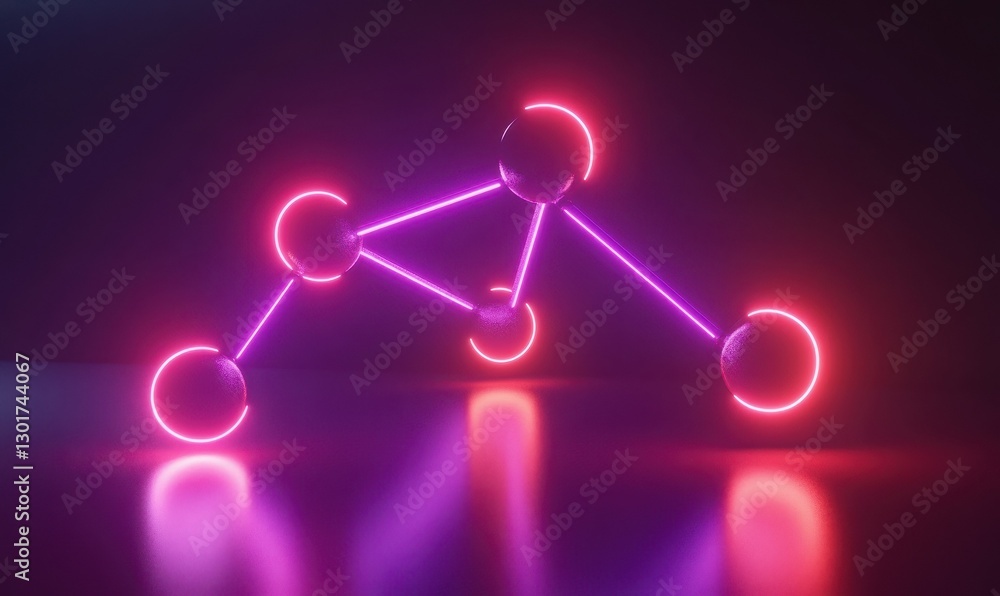 Poster abstract molecular structure glowing with neon red and purple lights, floating in a dark gradient sp