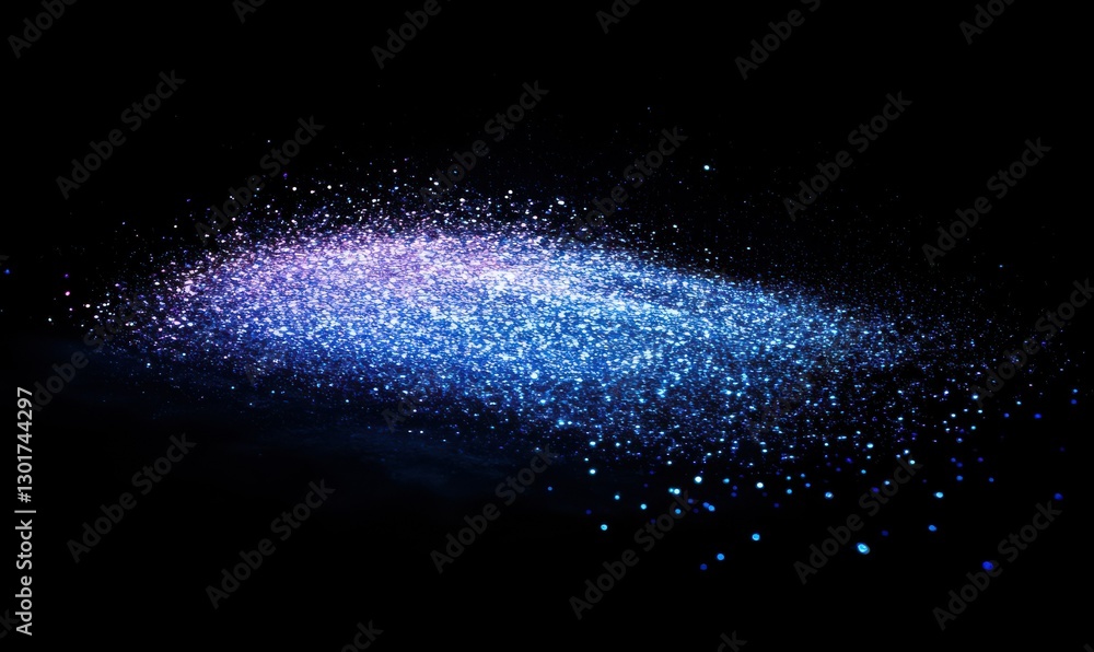 Poster abstract shimmering particles in shades of blue and purple scattered dynamically on a black backgrou