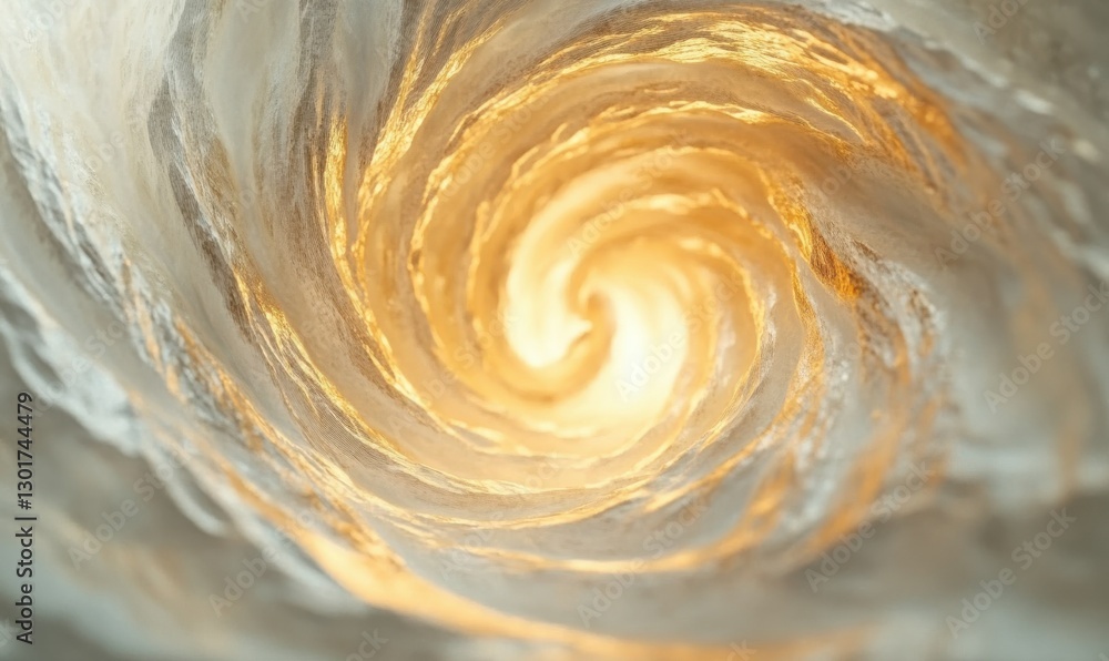Poster abstract swirl of metallic silver and gold textures illuminated by soft glowing light, creating a lu