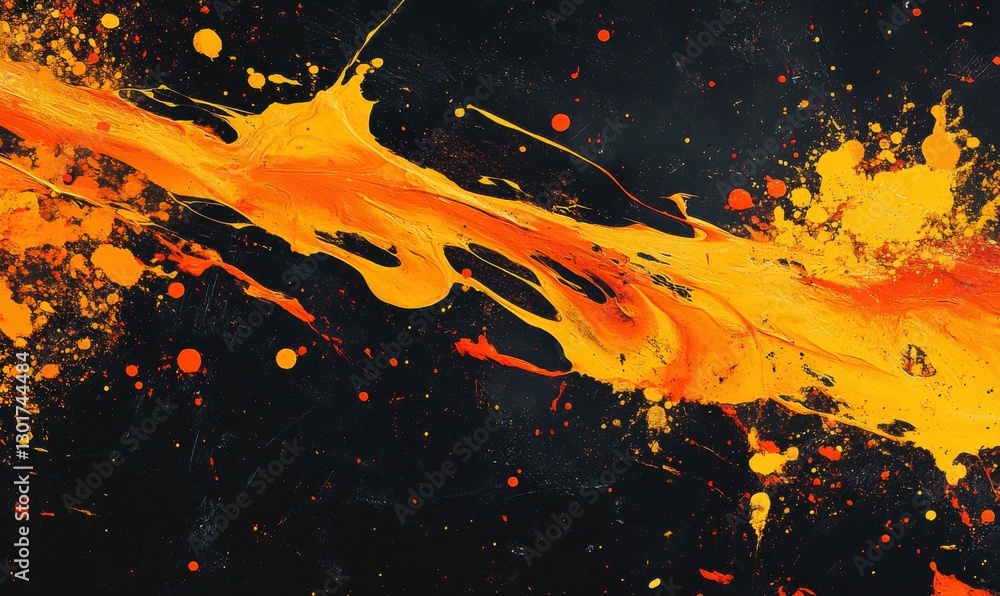 Poster abstract splatter of bright orange and yellow paint, dynamic motion and bold color creating an artis