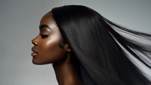 Beautiful black woman with long flowing hair against a grey background, concept of beauty and hair care