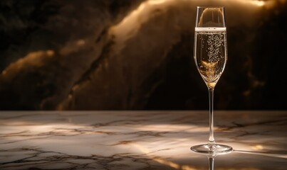 Elegant champagne flute with delicate bubbles placed on a marble surface illuminated by glowing ambient light, evoking sophistication and celebration