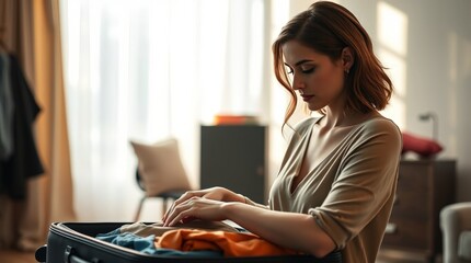 Generative AI.A graceful, elegant person with refined features, light skin, neatly folds clothes into a suitcase in a bright, airy room.