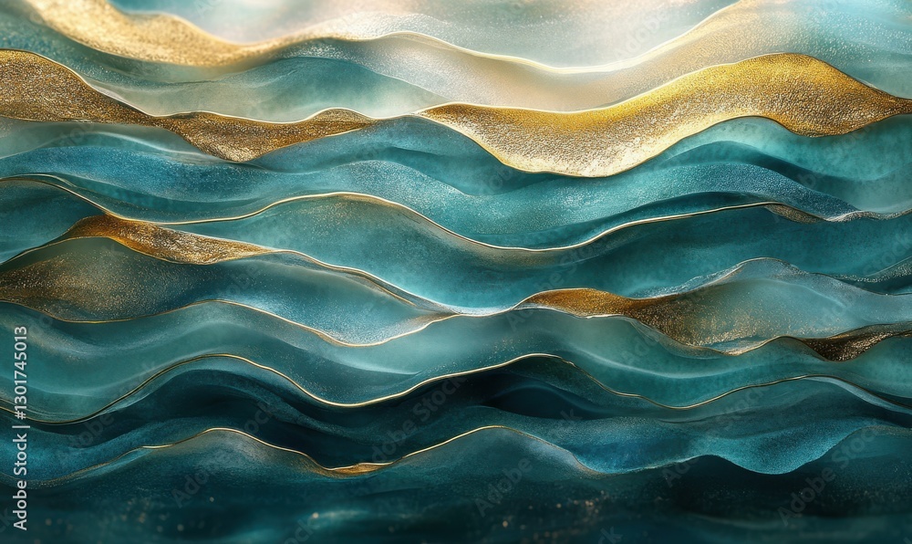 Aufkleber elegant rendering of layered teal and gold waves blending smoothly, illuminated softly to enhance th