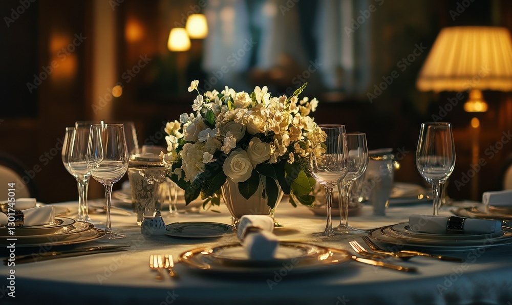 Poster elegant table setting with fine china and a floral centerpiece, soft warm light creating an inviting