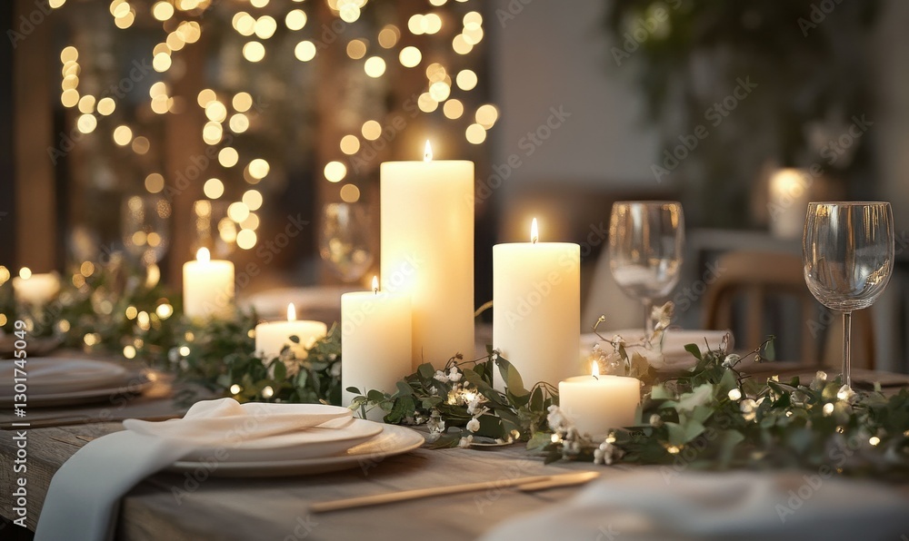 Poster elegant white candles with soft greenery on a rustic wooden table, illuminated by glowing light, cre