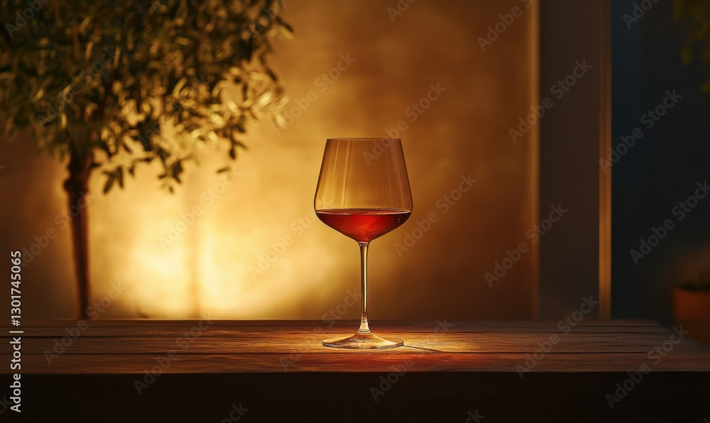 Poster elegant wine glass with a soft red hue resting on a rustic table illuminated by glowing light, evoki