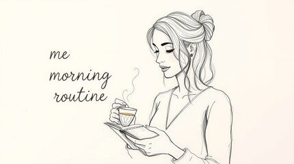 Generative AI.Hand-drawn sketch, motivational morning routine: person with refined features, making tea and writing in a planner. Rough pencil strokes, textured, white background, graceful and elegant