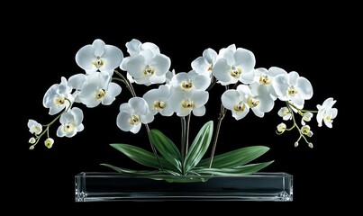 Obraz premium Elegant white orchids blooming in a minimalist glass vase, softly lit to highlight their delicate beauty and luxurious appeal