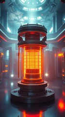 Generative AI.  a high-tech fusion reactor glowing with plasma energy inside a futuristic laboratory.
