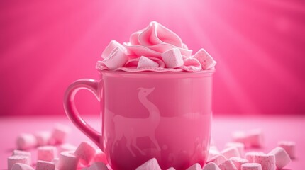 Generative AI. A cup of hot pink chocolate, pink whipped cream and pink marshmallows in a pink ceramic mug.