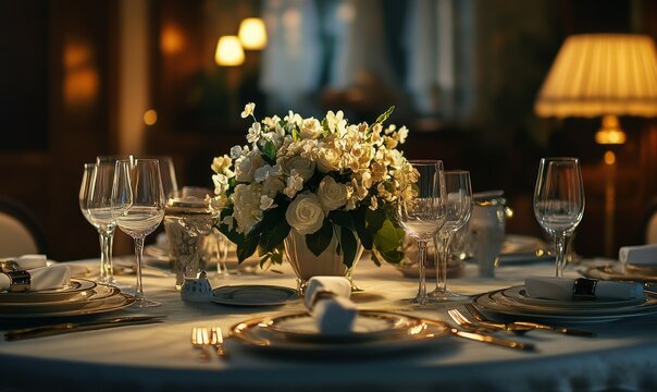 Elegant table setting with fine china and a floral centerpiece, soft warm light creating an inviting and sophisticated dining atmosphere