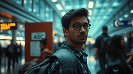 Generative AI. Close-up of a traveler at airport security, mystic enchanting environment, gentle color contrasts, dreamlike atmosphere, film-like composition and lighting, busy airport setting.