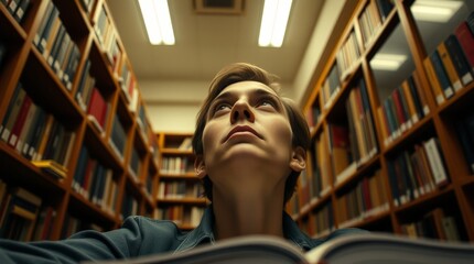 Generative AI. Dramatic low angle perspective, person with determined expression, light skin, looking up, working amidst books and notes in a quiet library.