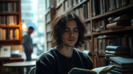 Generative AI. Ethereal spiritual vibe in candid street photography, urban scenes and spontaneous candid moments, a person working on personal development in a quiet library,