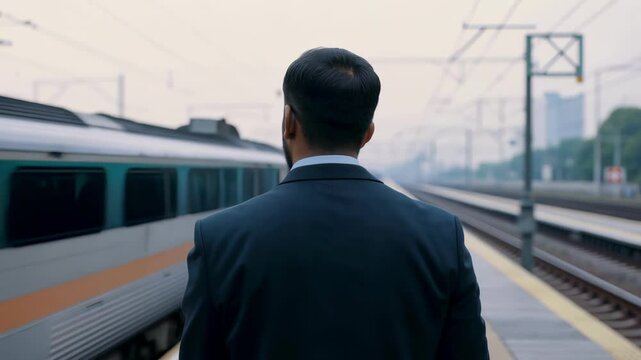 Man in a Suit Watching Train Arrive at Platform. Concept of Travel Anticipation, Commute Lifestyle, Urban Transportation