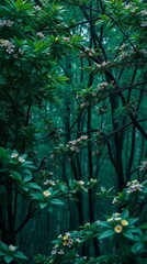 Generative AI. High-resolution stock photo A lush spring forest, rendered in rich deep teal and vibrant greens.