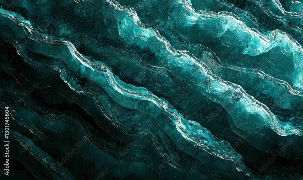 Poster abstract wave pattern in shades of teal and black with subtle metallic textures, illuminated by grad