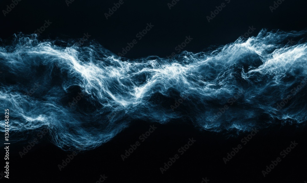 Poster abstract wave-like textures in dark blue tones illuminated by soft ambient light forming a sleek and