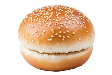 Soft sesame seed burger bun on a white background, cut out