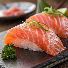 Salmon nigiri sushi with wasabi and garnishes on black slate plate