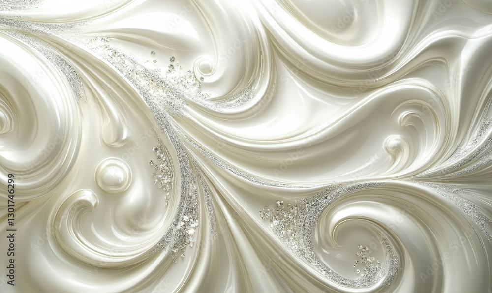 Poster artistic abstract design with swirling ivory and silver textures illuminated by soft light emphasizi