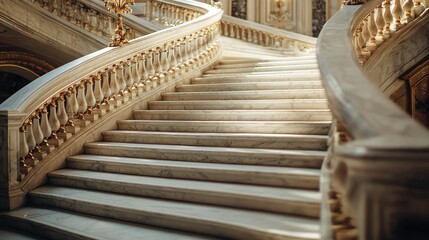Obraz premium Elegant marble staircase curving upwards in a grand building, sunlight illuminating the steps.
