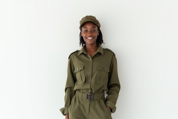 Fototapeta premium Half-Length (Waist-Up) portrait of young stylish smiling Central African female model in military wear isolated on pure white background looking at camera