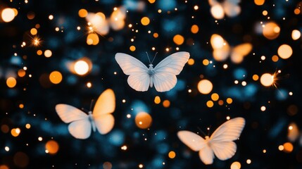 White butterflies fly amidst sparkling bokeh, dark background, magical design