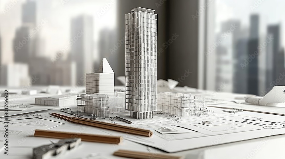 Poster an architectural model of a skyscraper surrounded by technical drawings and precision measuring tool