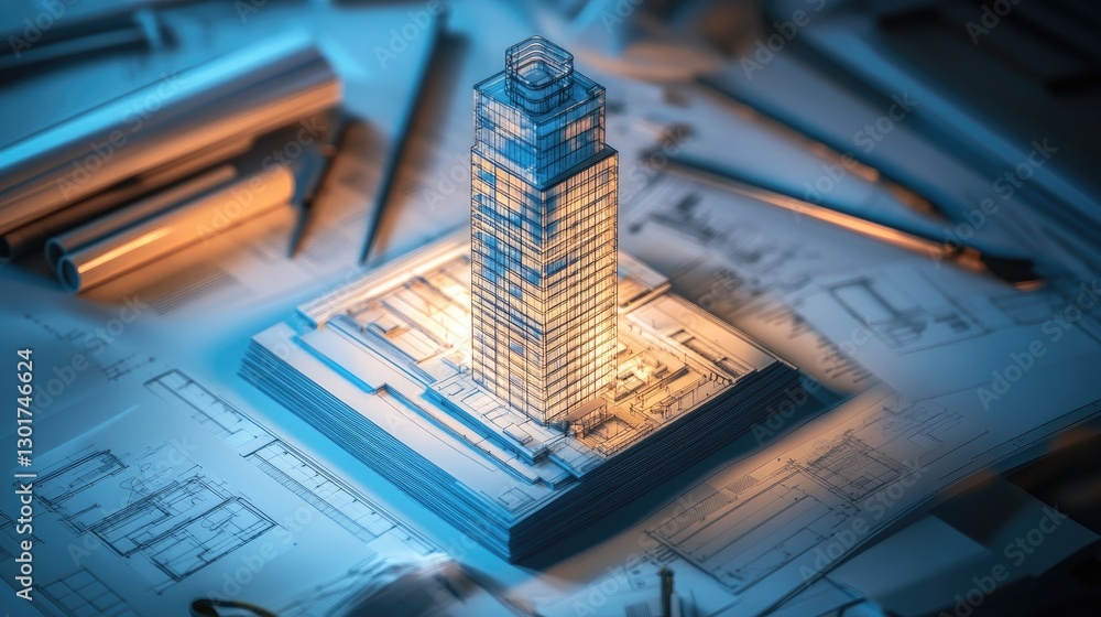Poster an architectural model of a skyscraper surrounded by technical drawings and precision measuring tool