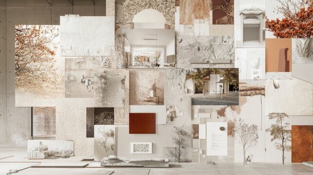 An architectural vision board with pinned design sketches, material samples, and D renders.