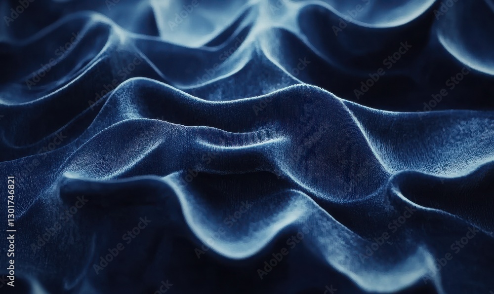 Poster artistic close-up of a flowing navy blue velvet fabric with soft ripples illuminated by subtle ambie