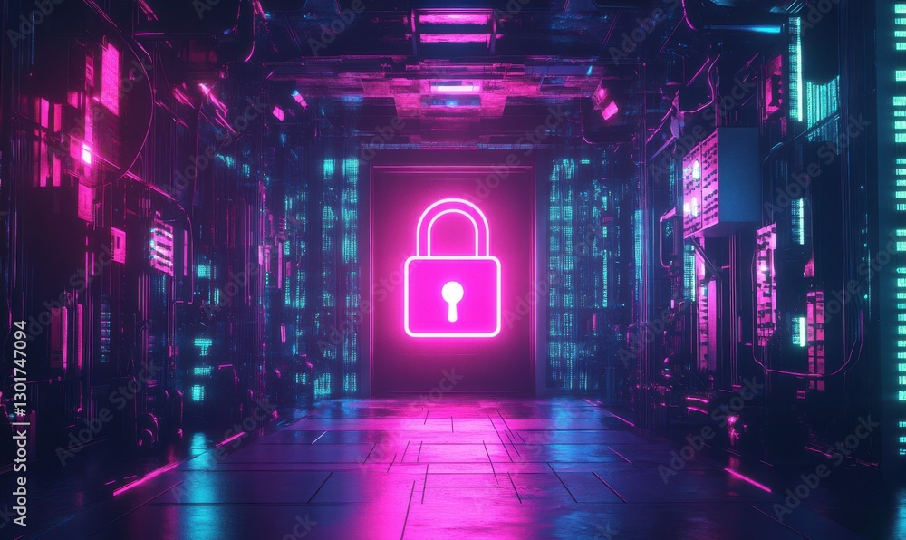 Poster artistic depiction of a glowing digital lock surrounded by data nodes illuminated by vibrant neon li