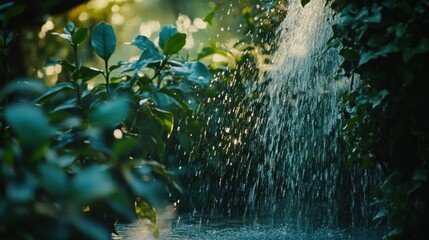 Lush garden plants watered, sunlit backdrop, irrigation