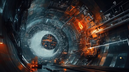 Fototapeta premium An industrial tunnel construction site with heavy machinery, lighting, and engineering drawings.