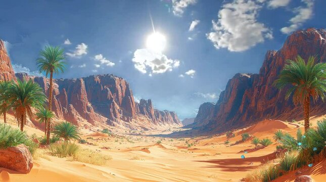 A serene desert landscape with mountains, palm trees, and a bright sun. Seamless looping 4k video background 