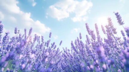 Low angle view of a vibrant lavender field under a bright, sunny sky.