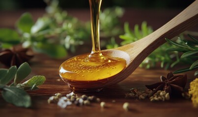 Artistic flat lay of golden honey dripping from a wooden spoon, surrounded by fresh herbs and spices, illuminated by warm natural light