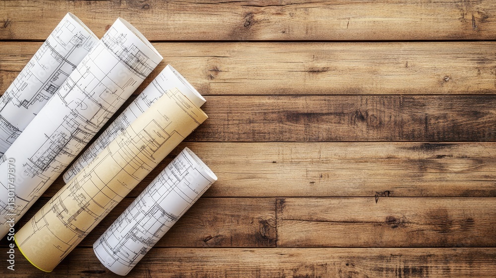 Aufkleber an overhead view of several rolled-up architectural blueprints stacked neatly on a wooden table.