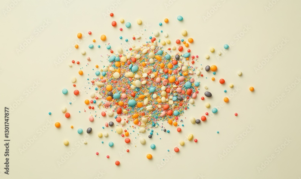Poster artistic flat-lay of colorful sprinkles scattered on a clean pastel background, softly illuminated b