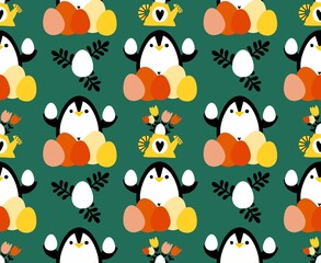 Easter animals seamless penguin and eggs pattern for wrapping paper and fabrics and linens and spring kitchen textiles